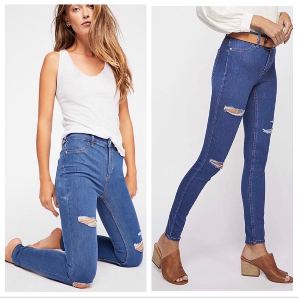 FP | NWOT Long & Lean Factory Distressed High Waisted Dark Wash Skinny Jeans